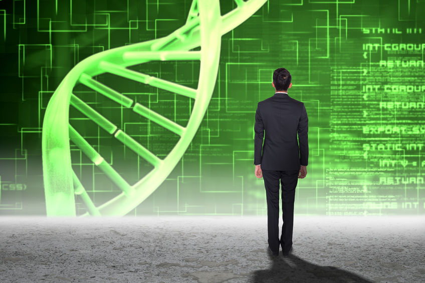 businessman turning his back to camera against green dna helix graphic